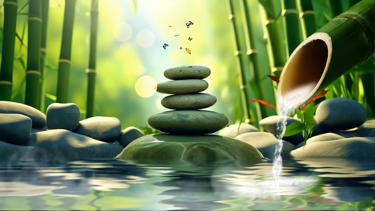 Bamboo Water Fountain and Healing Piano Music - Relaxing Piano Music, Deep Sleep Music, Meditation