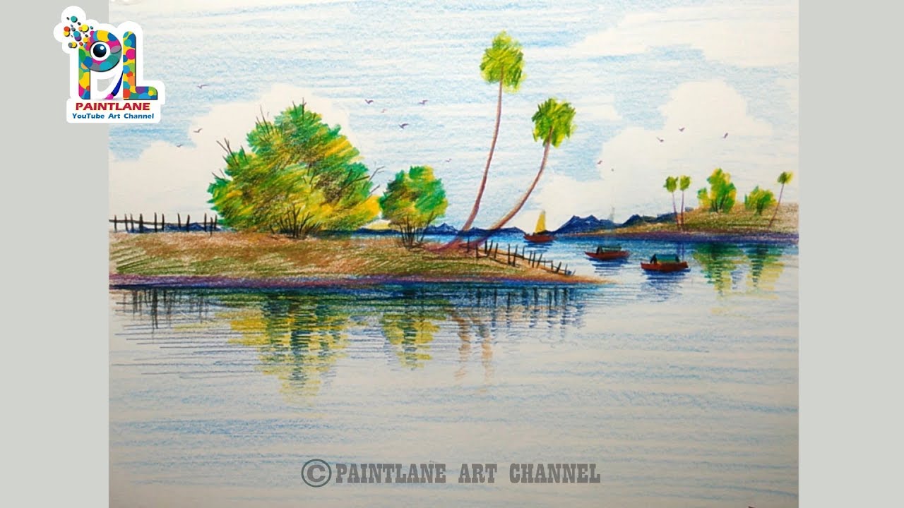 How to Draw and Coloring Lake Scenery Art For Beginners | Easy ART