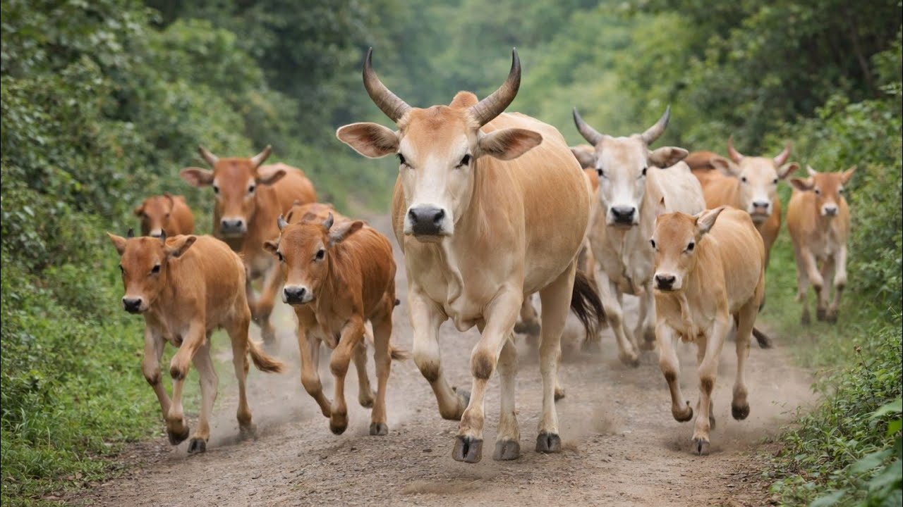 Aktivitas Pagi Kawanan Lembu Menuruni Bukit Pedesaan saat matahari terbit