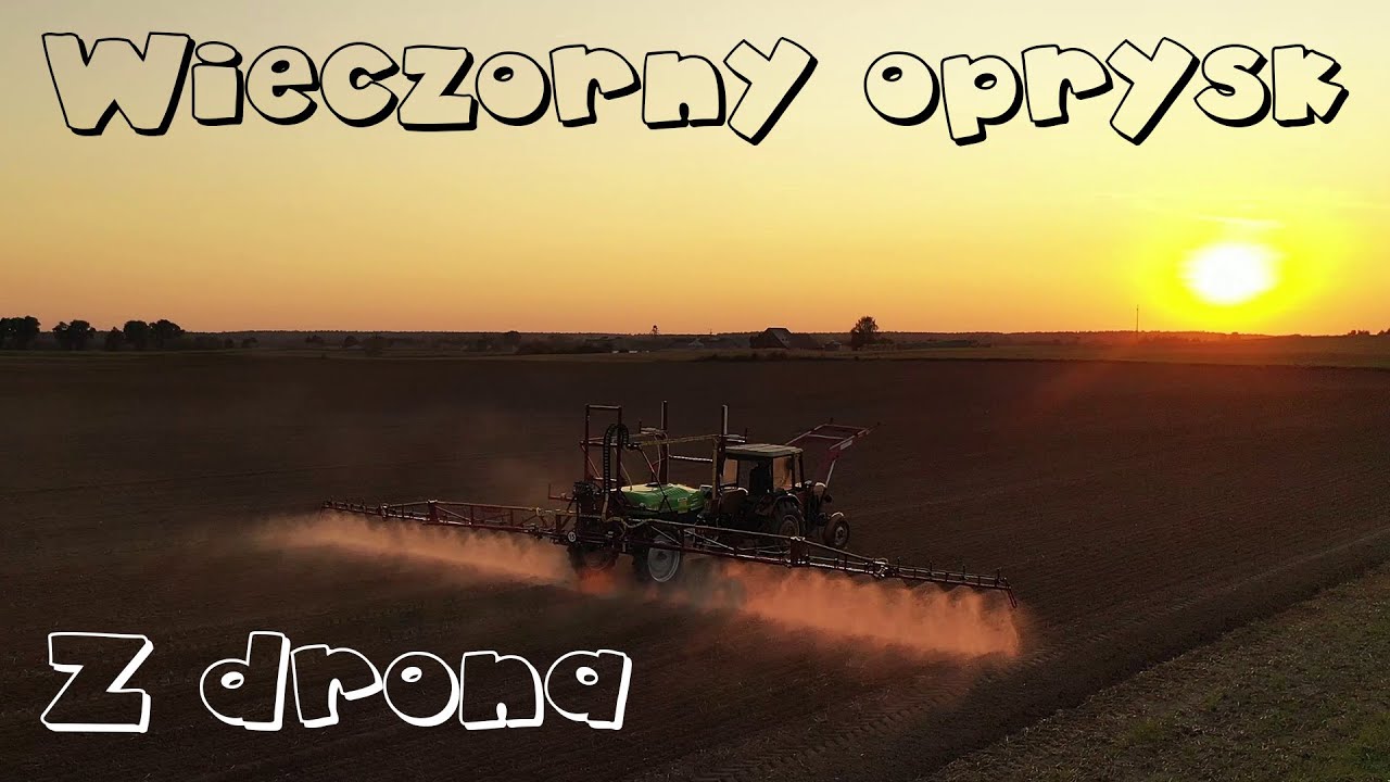 Wieczorny oprysk rzepaku przedwschodowo ~ URSUS C-330 ~ PROMAR 1200L ~ z drona o zachodzie słońca
