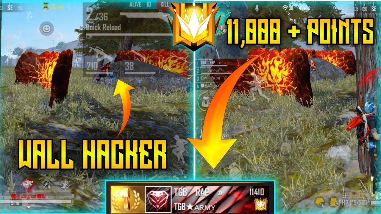 11,000 + POINTS WALL HACKER || FREE FIRE WALL HACKER || WALL HACKER VS TGB RAP ||