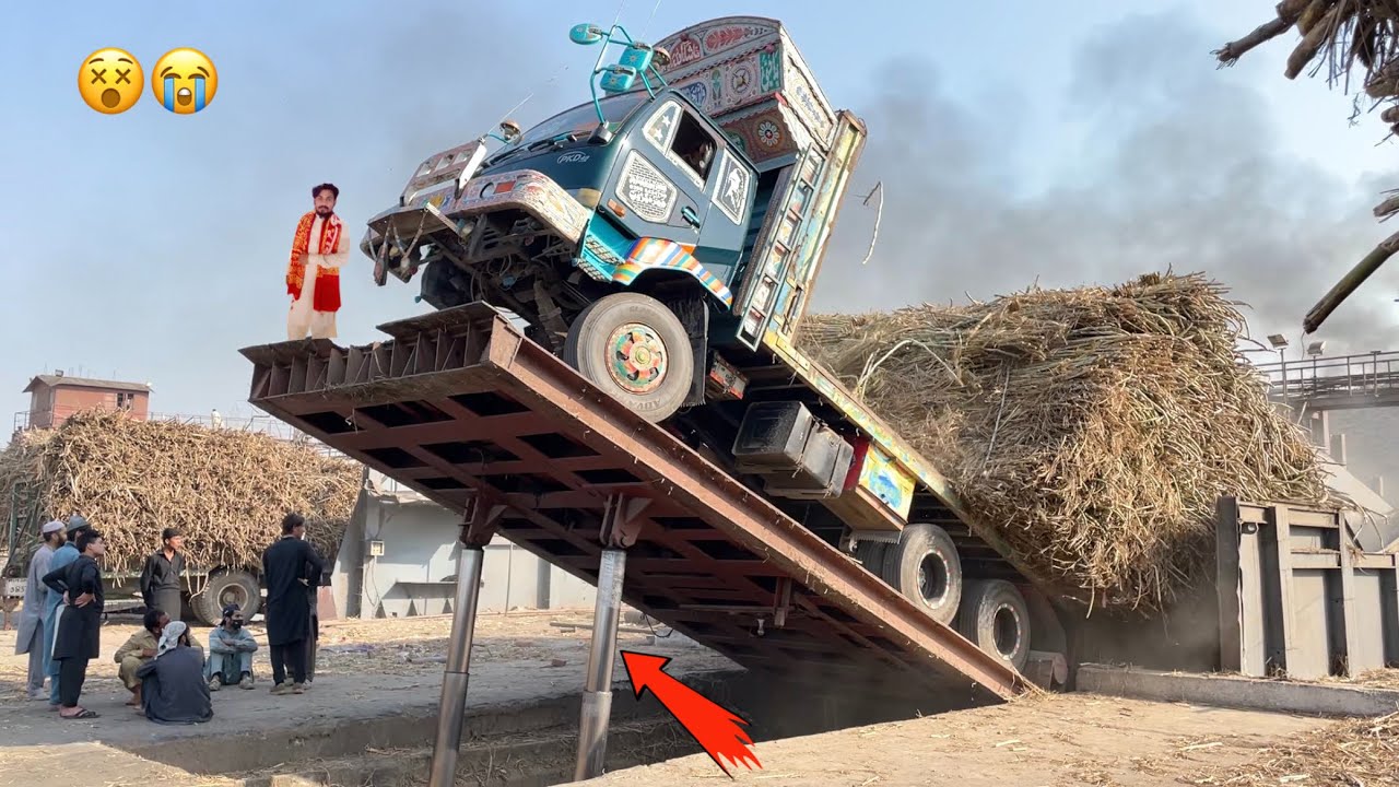 Crazy Driver Sugarcane Load HINO Truck Dangerous Unloading at Hydraulic Jack