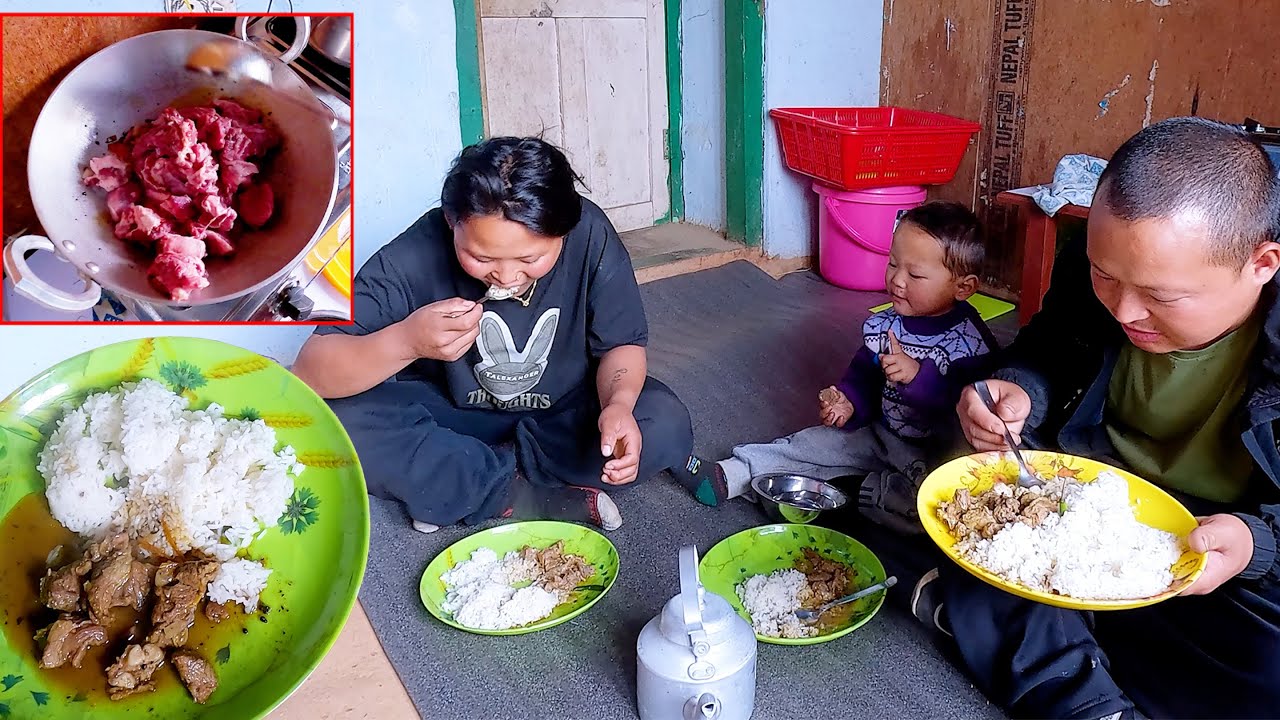 Rita cooks buff curry & rice for her husband and son Ridam Rai || Village buff curry recipe ||