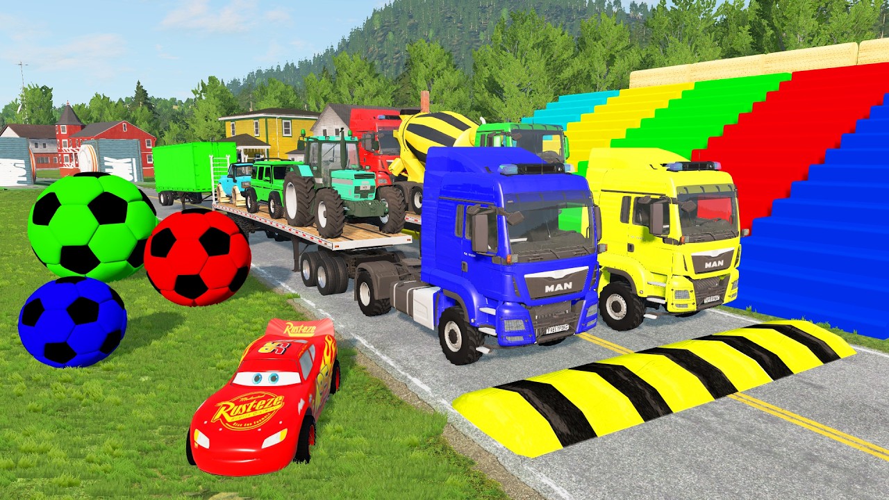 TRANSPORTING PIXAR CARS & FRUITS WITH COLORED & JOHN DEERE vs CLAAS vs TRACTORS - BeamNG.drive #983