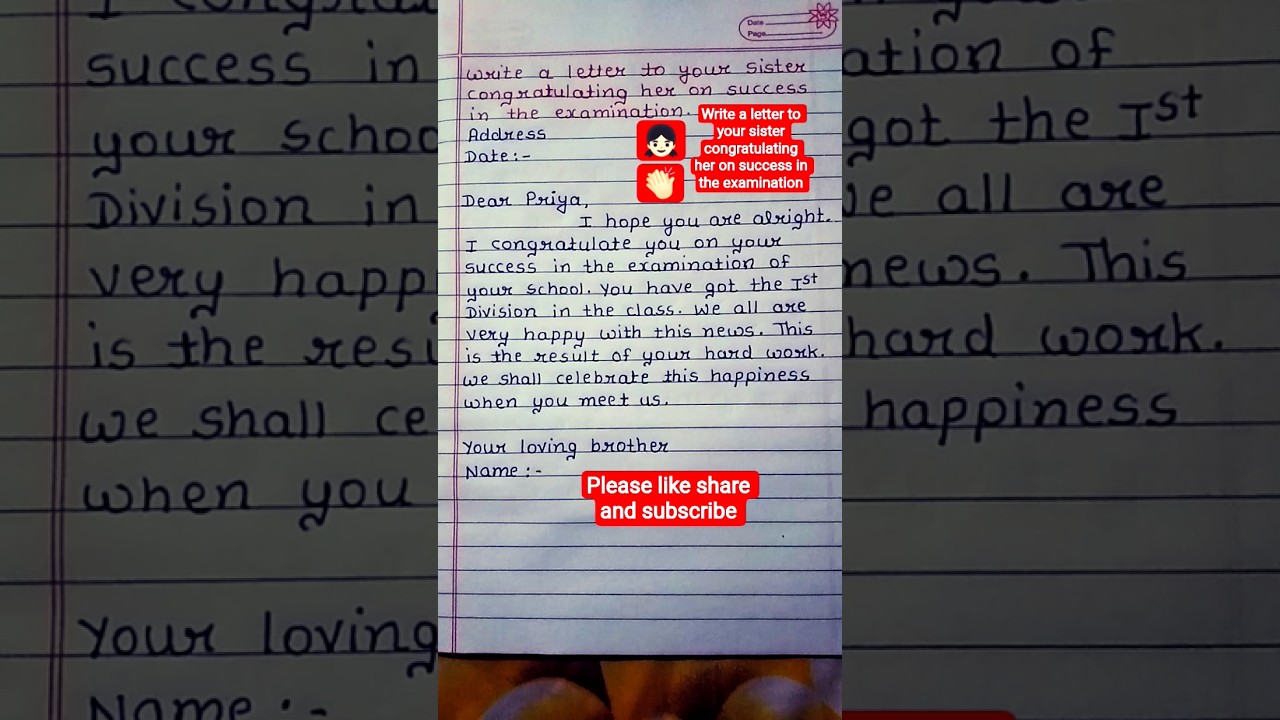 Letter to your sister congratulating her on success in the examination 