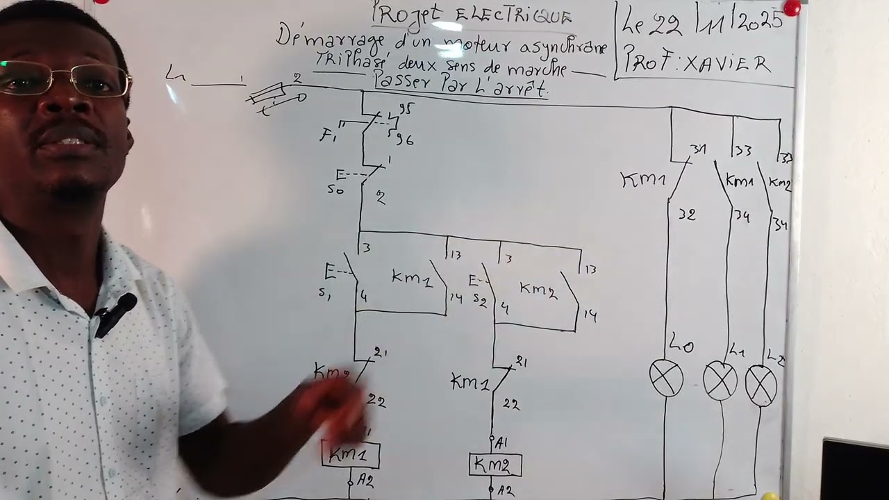 Démarrage d'un moteur assynchrône triphasé deux sens de rotation passer par l'arrêt.