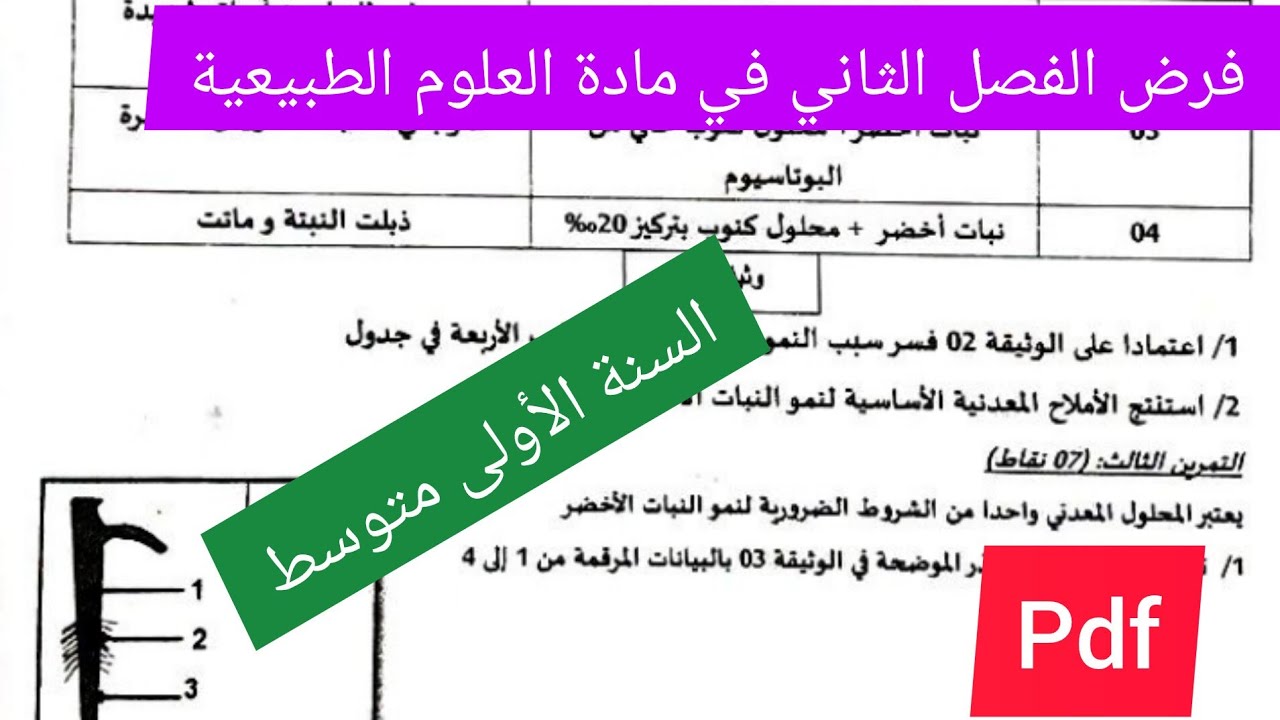 فرض الفصل الثاني في مادة العلوم الطبيعية السنة الأولى متوسط