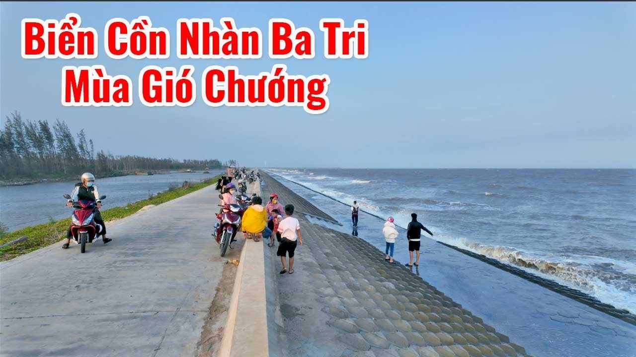Du khách dạo bờ kè ngắm Biển Cồn Nhàn Ba Tri mùa gió chướng