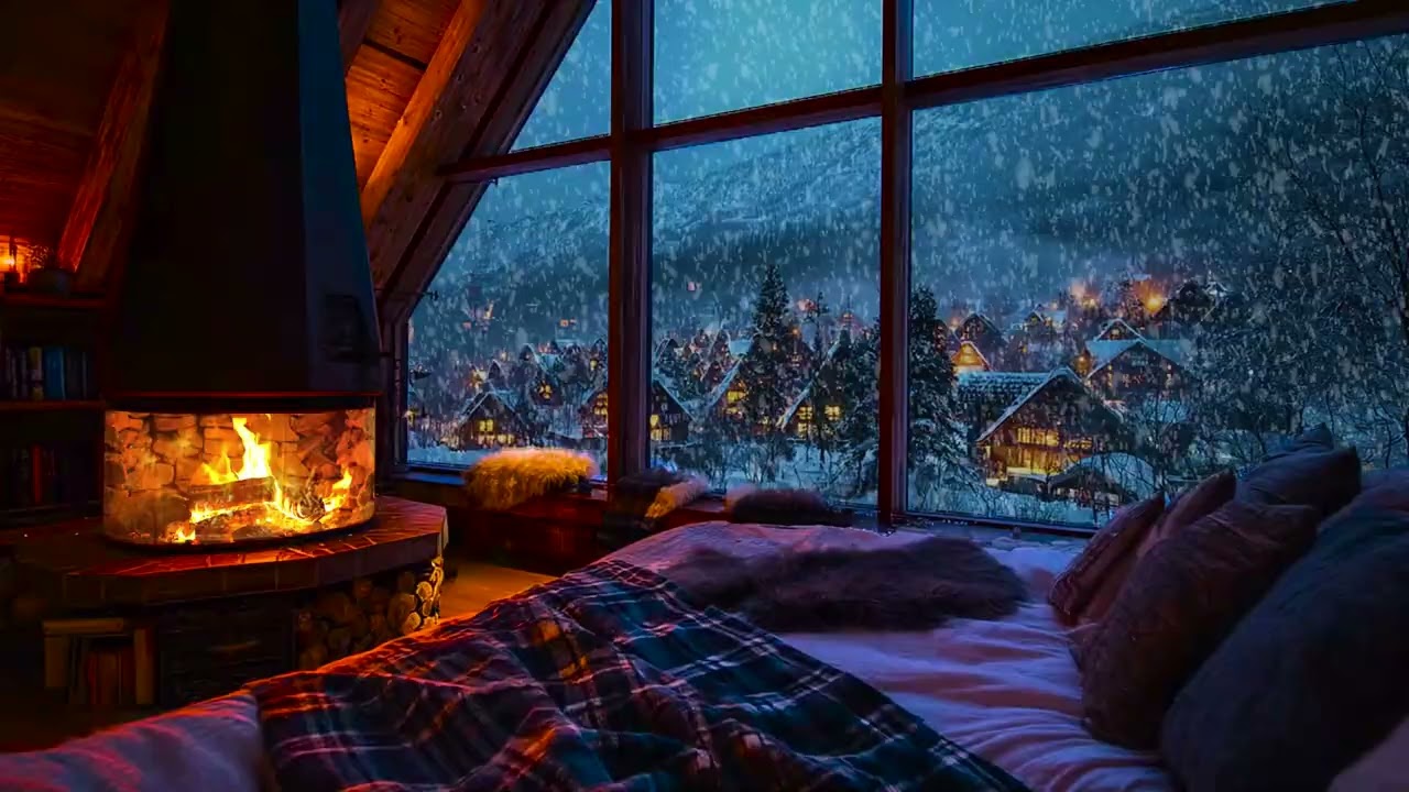 Blizzard Night Outside the Cabin Window with Steady Fire Sounds for Deep Sleep, Study and Focus