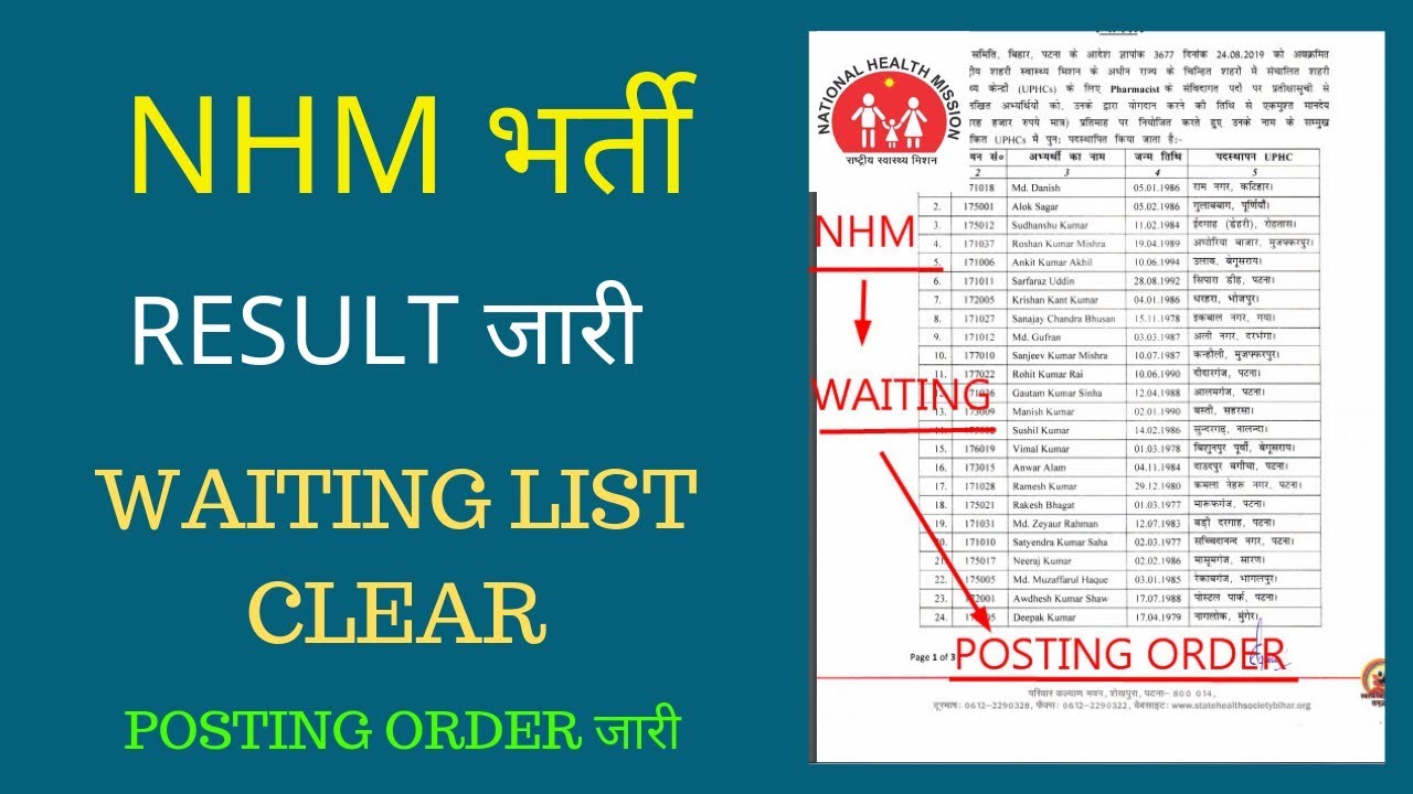 NHM - WAITING LIST CLEAR - POSTING ORDER RELEASE - अपना  नाम LIST मे CHECK करे