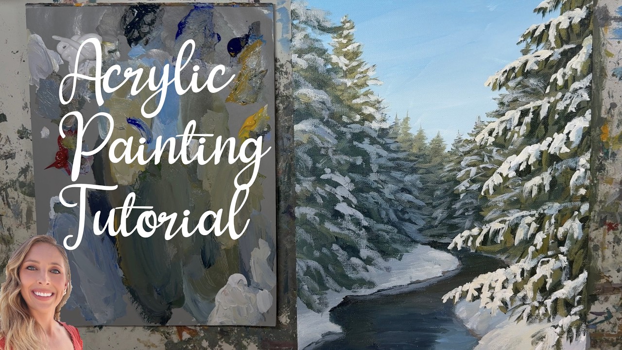 Winter Snowy Pines and Creek Acrylic Painting Tutorial! Beginner to Intermediate