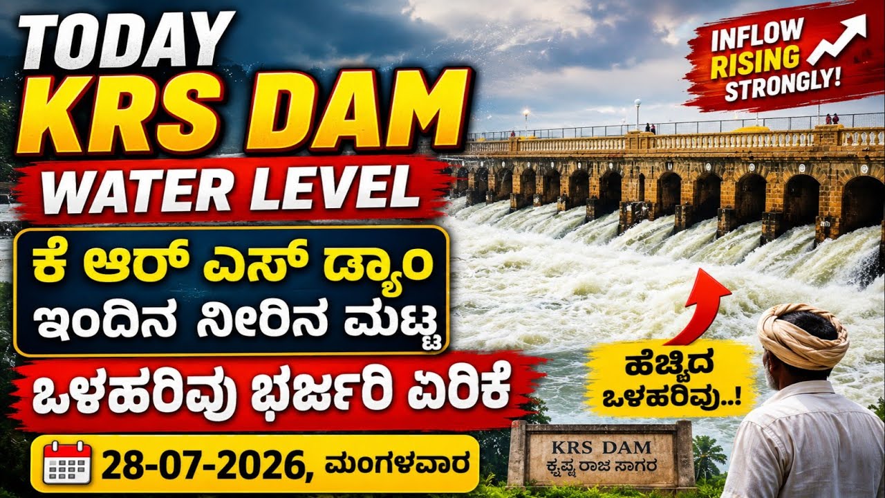28-07-2026 Today KRS Dam Water level and Inflow KRS ಡ್ಯಾಮ್ ಇಂದಿನ ಒಳಹರಿವು ಮತ್ತು ಡ್ಯಾಮ್ ನೀರಿನ ಮಟ್ಟ 