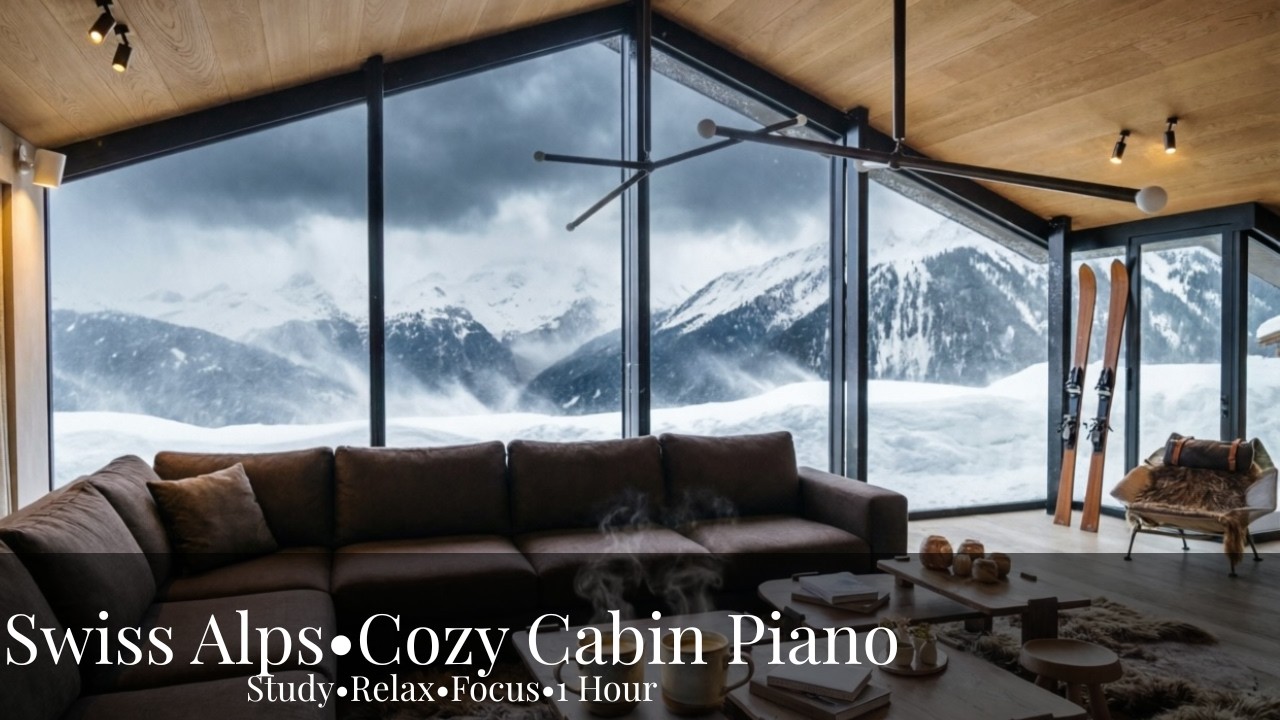 Swiss Alps Cabin Ambience, Snowy Mountain View, Coffee and Soft Piano for Sleep, Relax, Study(1 Hr)