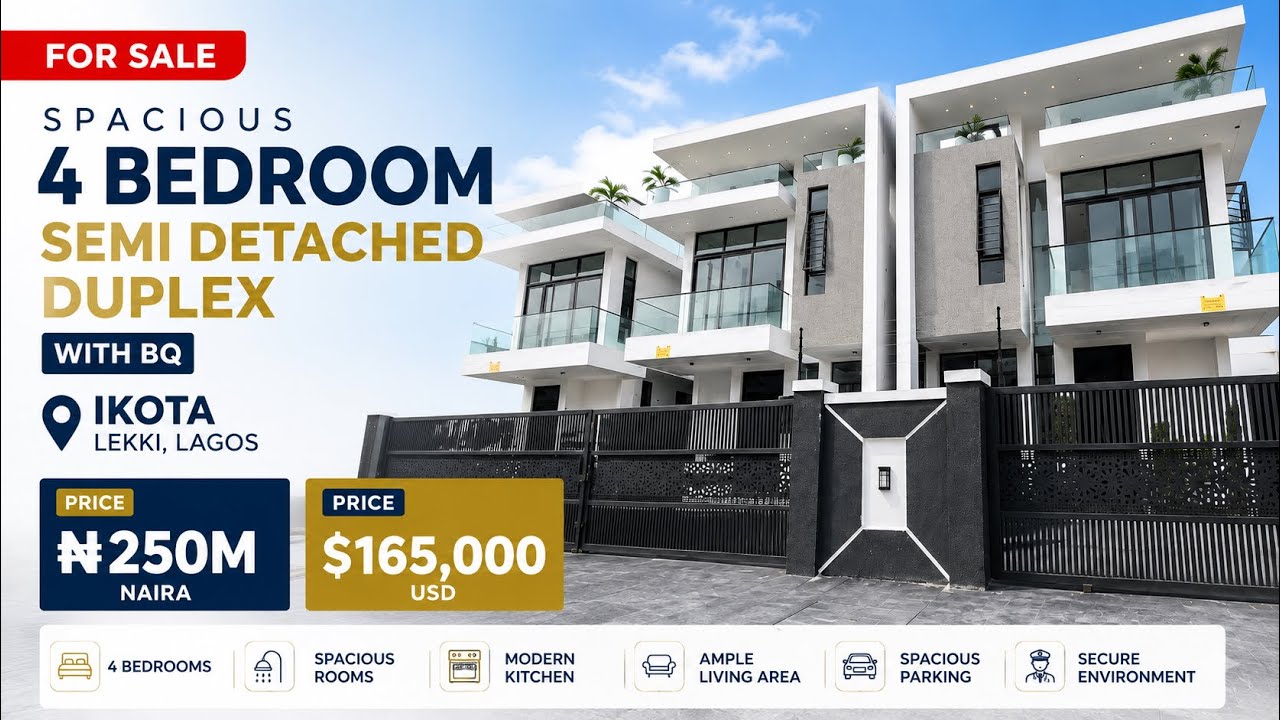 HOUSE FOR SALE IN LEKKI LAGOS NIGERIA:4 BED SEMI DETACHED+BQ IN AN ESTATE IN IKOTA LEKKI #property