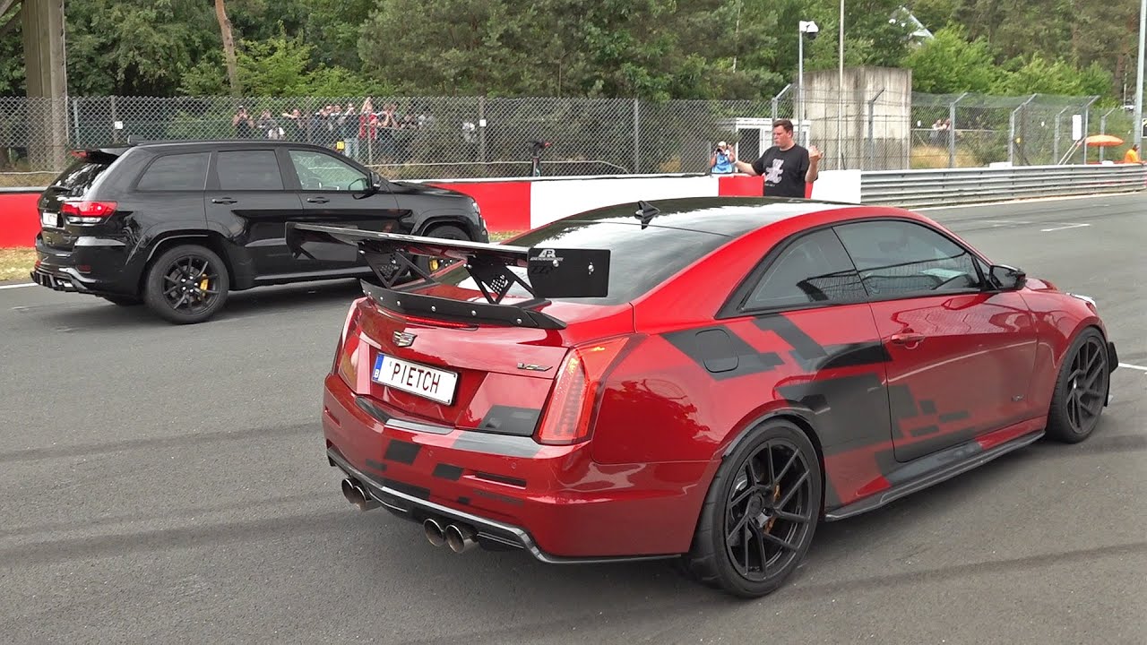 Cadillac ATS-V Coupe vs 1000HP Jeep Cherokee Trackhawk - 1/4 Mile DRAG RACING!