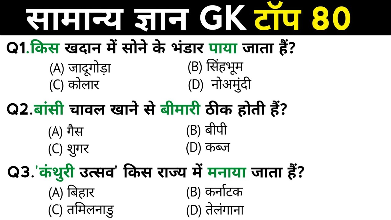 सामान्य ज्ञान | General Knowledge | Top 80 GK/GS questions | SSC GD, MTS, RPF, CRPF | GK quiz