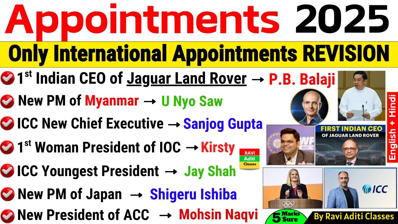 International Appointment 2025 Current Affairs | Who Is Who 2025 | All Latest Appointment  2025 |