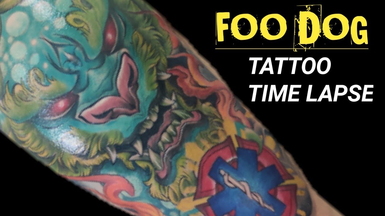 Tattoo time lapse - Foo Dog Colored Tattoo (with Star of life symbol )