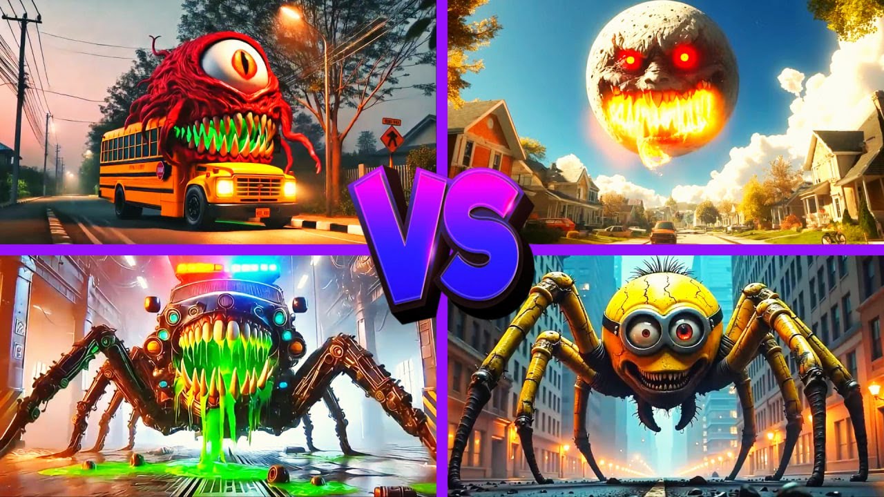 BUS EATER🆚MINION WORM🆚THE LUNAR MOON🆚POLICE CAR MONSTER - Tiles Hop EDM Rush 🎶