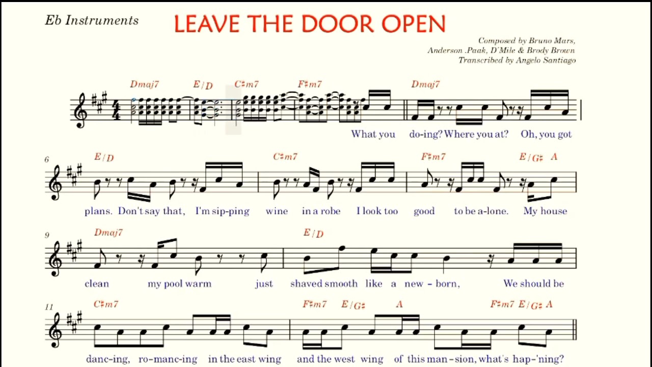 LEAVE THE DOOR OPEN Play Along Sheet Music for Eb Instrument - Bruno Mars, A. Paak, D'Mile, B. Brown