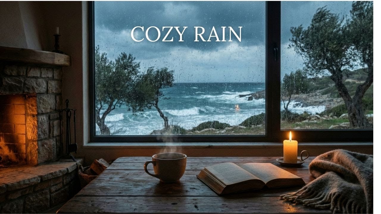 Cozy Stone House by the Aegean Sea 🌊 Stormy Rain & Jazz Ambience Sleep, Study, Focus