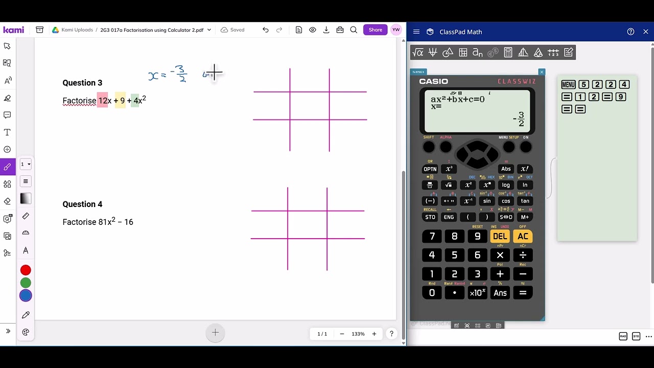 Factorisation of Quadratic Expressions using Casio fx-97SG X Question 1