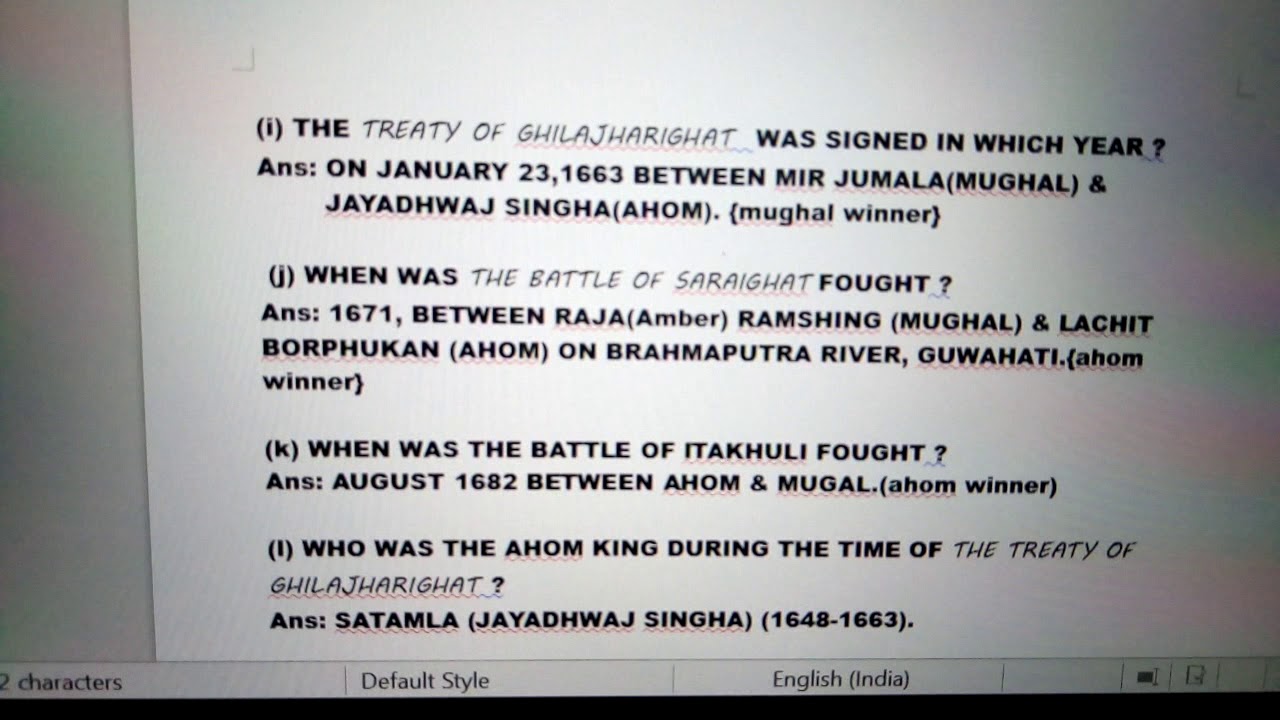 AHOM HISTORY OF ASSAM G.K Questions