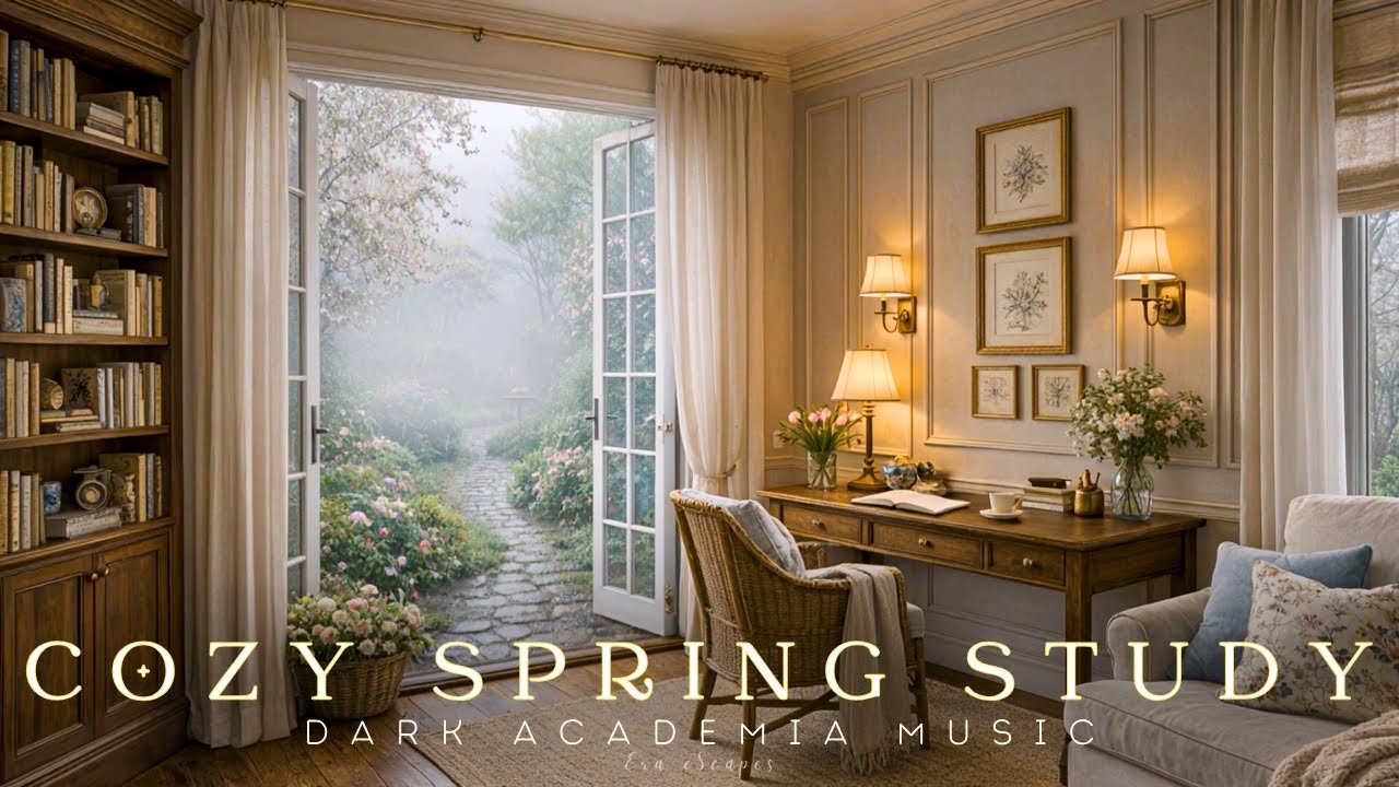 Cozy Spring Garden Study | Dark Academia Piano & Rainy Cottage Ambience