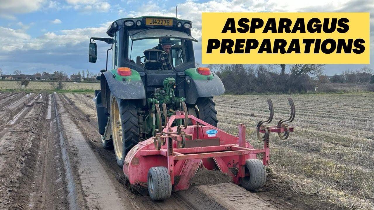 Asparagus preparations, fields being rotovated for ploughing and John Deere 6R 145 RTK guidance