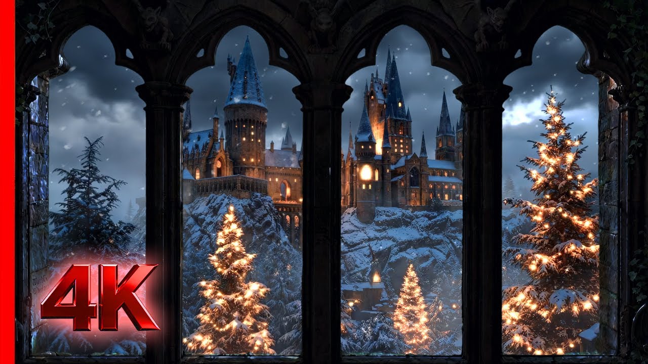 4K Christmas Window View of Hogwarts | Cosy Snowy Night Ambience (5 Hours)