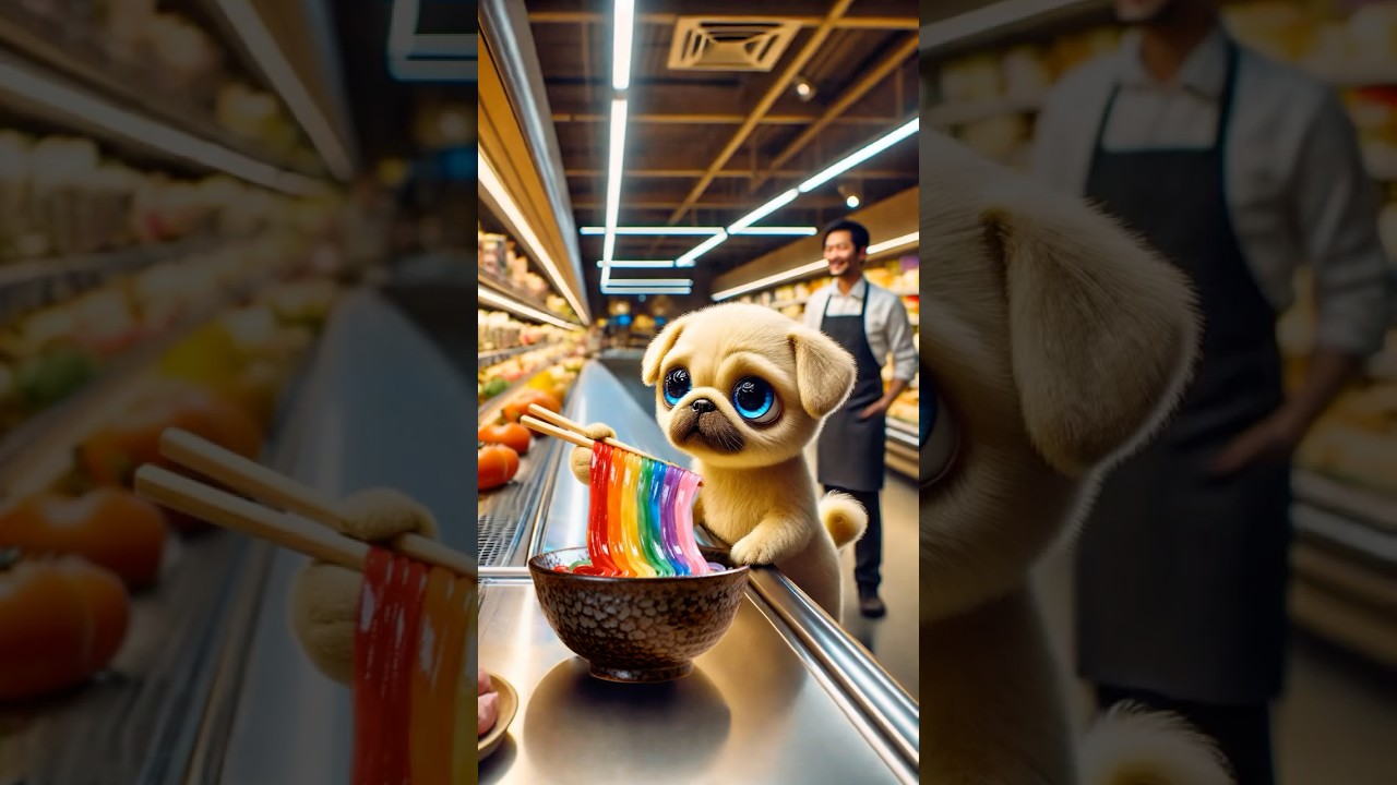Cute Dog's Dream Surprise! Brings a Whole Bowl of Rainbow Noodles for His 