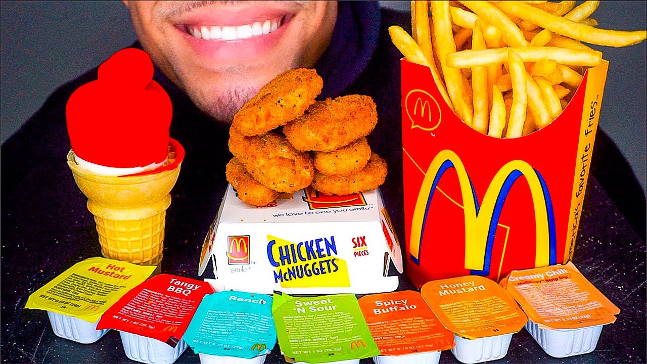MCDONALD'S CHICKEN NUGGETS ICE CREAM CONE DIPPED CHOCOLATE CRISPY FRENCH FRIES BIG BITES ASMR MUKBAN
