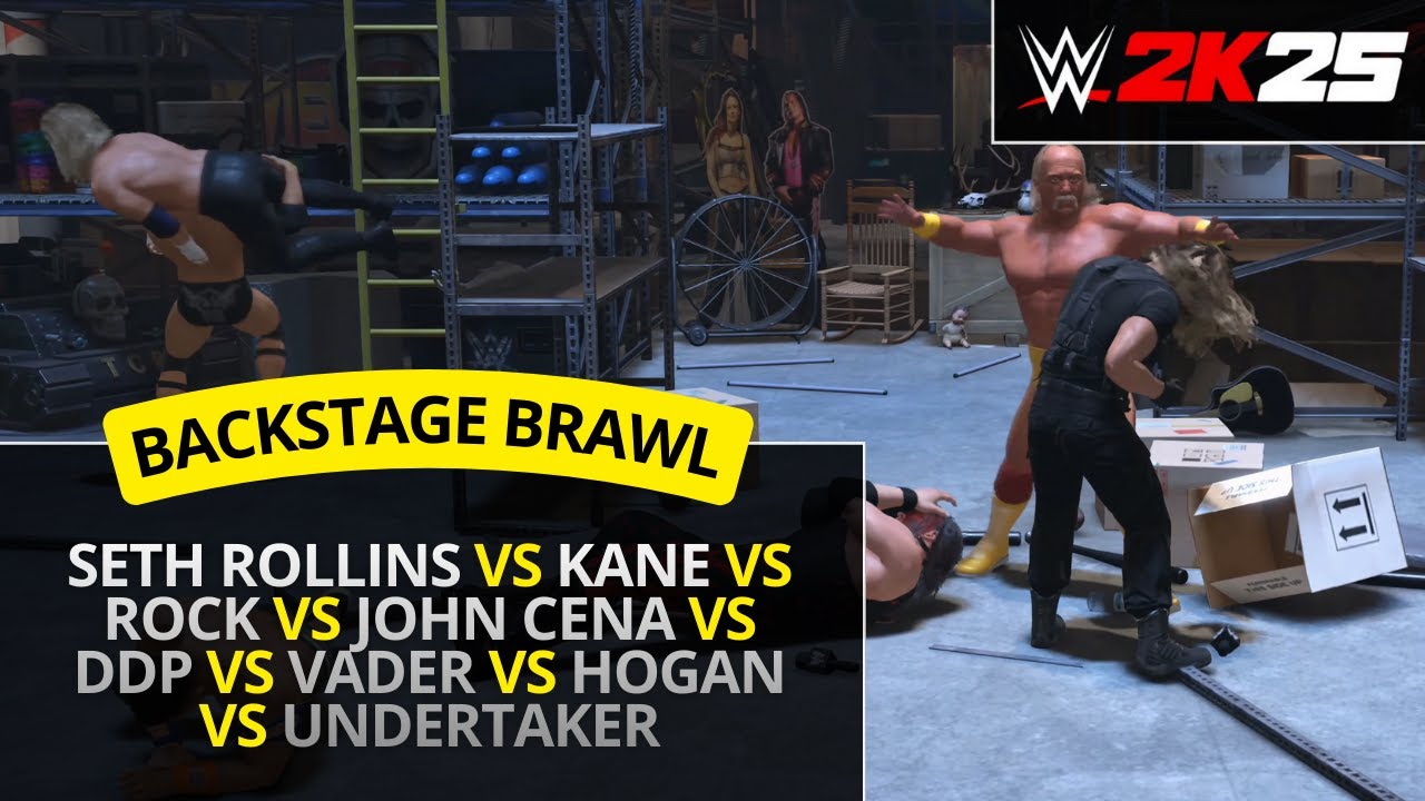 WWE 2K25 – Rollins vs Kane vs Rock vs Cena vs DDP vs Vader vs Hogan vs Undertaker (Backstage Brawl)