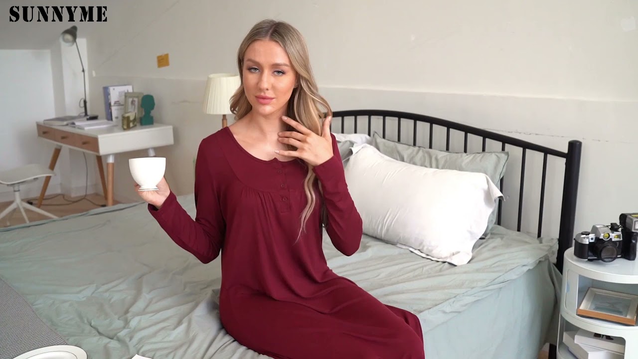 Sunnyme: Nightgowns for Women Long Sleeve Sleepshirt V-Neck Pleated Sleepwear Curve Hem Loungewear