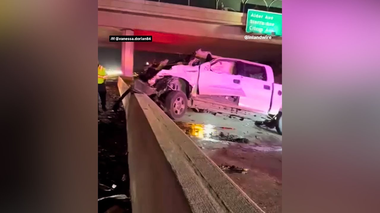Pickup truck launches off overpass in violent 210 crash