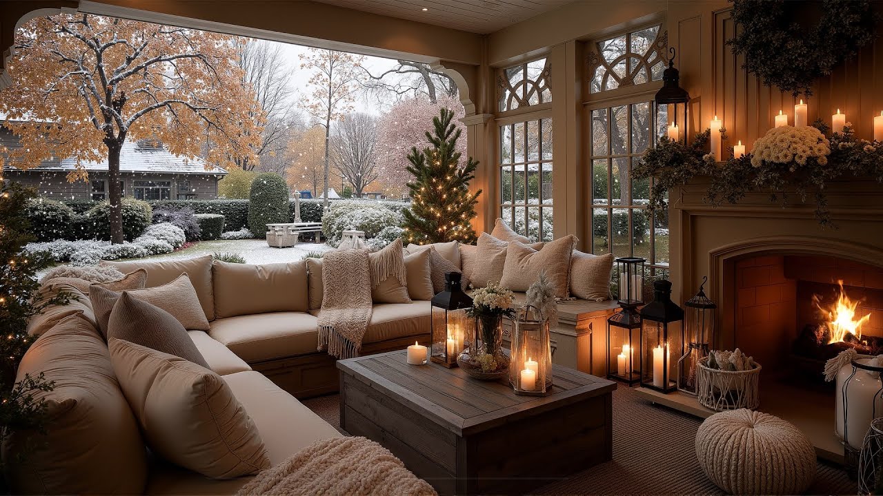 Peaceful Winter Morning Ambience ❄️ Cozy Rustic Terrace with Fireplace & Snowfall for Relax