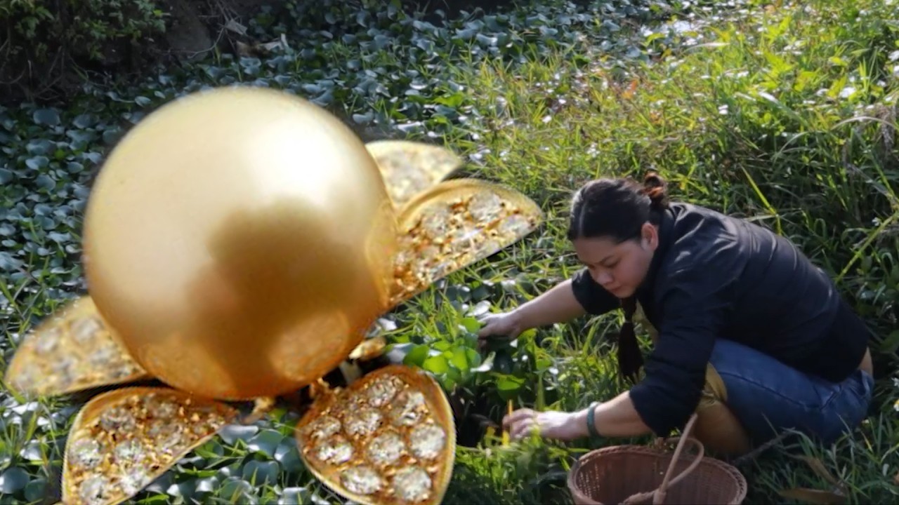 I found a huge clam under the beautiful cave gourd grass, tearing apart too many pearls from her