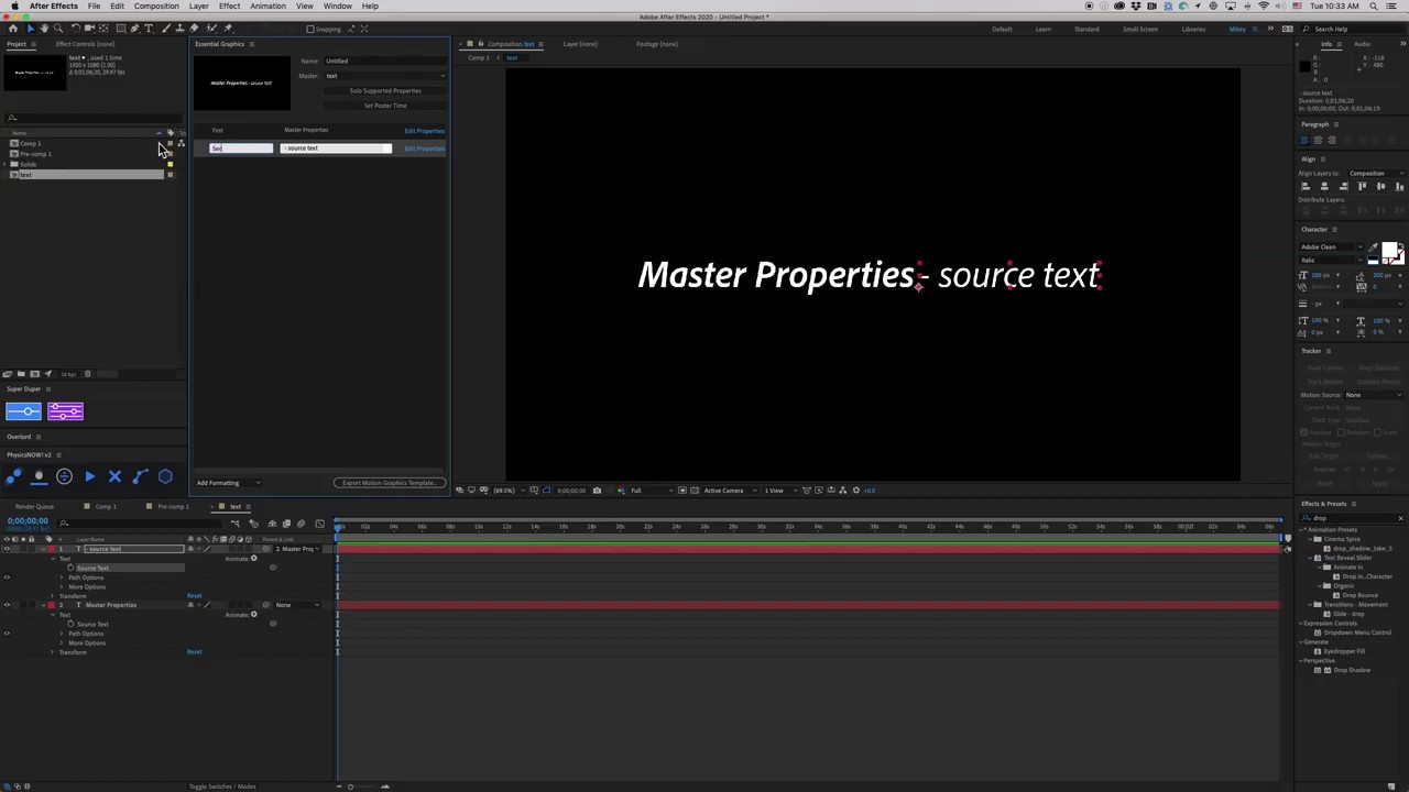 Использование исходного текста с основными свойствами — After Effects