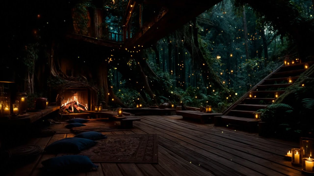 🔥 Enchanted Woodland Camp | PEACEFUL NIGHT SLEEP 😴 Cozy Firelight & Mystical Forest Sounds (No Ads)