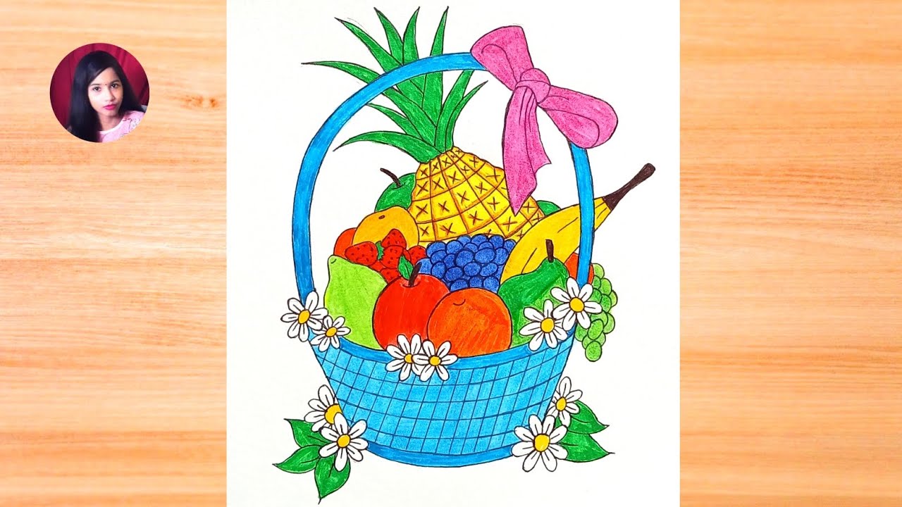 How to draw Beautiful Fruit Basket || Fruit Basket Drawing Colour