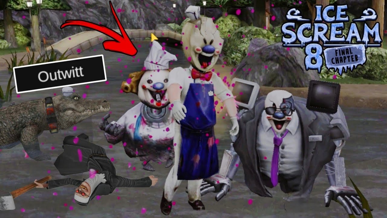Boris and Mati now walks on water with Crocodile and enemies in Ice Scream 8 Outwitt Gameplay