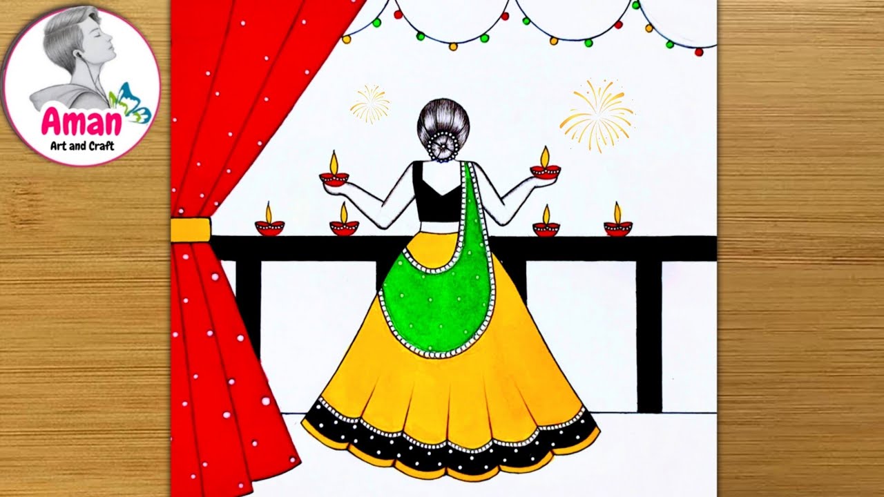 Diwali drawing | Diwali ki drawing kaise banaen | Diwali ki asan si drawing|Diwali card competition