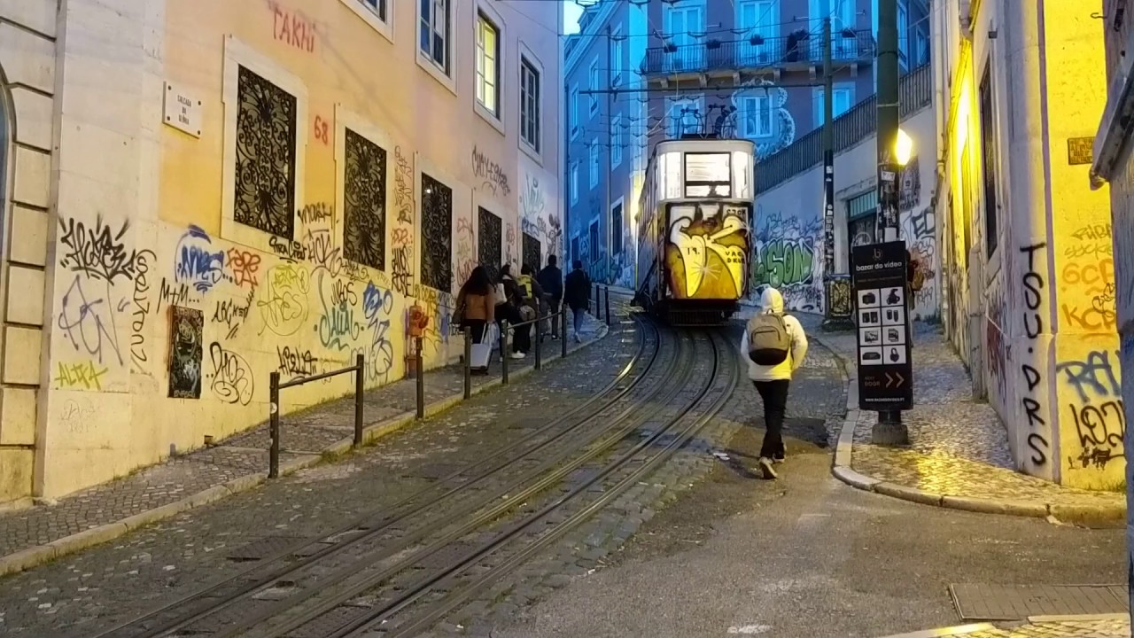 Lisbon's Ascensor da Glória funicular railway at night HD