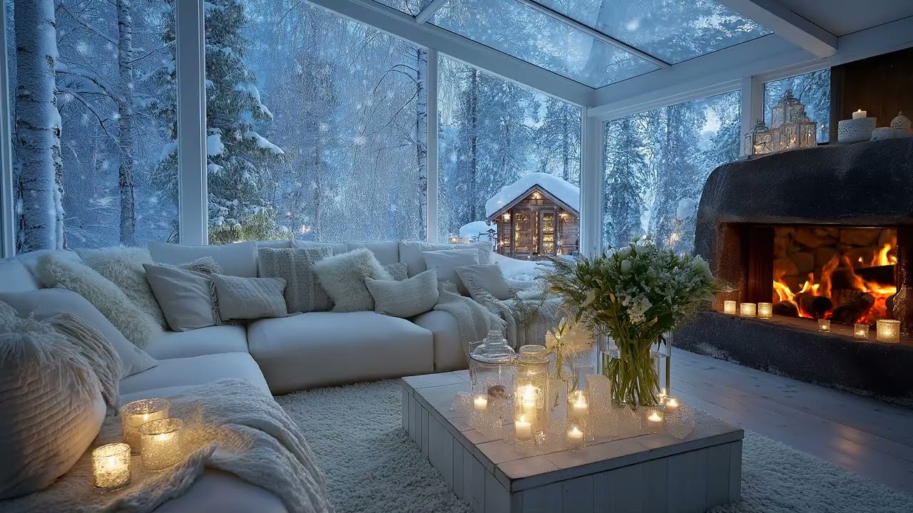 🌸🎹 Warm Candlelight & Winter Piano | 5 Hours Snow Outside White Lounge | Relax Anxiety Relief Sleep