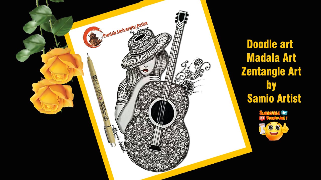 Doodle for beginner /Mandala art girl face/Draw Girl with Guitar/Doodle/ Zentangle art step by step