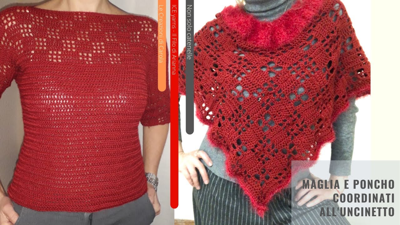 Poncho CUORE all’uncinetto formato da mattonelle (Square) unite tra di loro e maglia abbinata