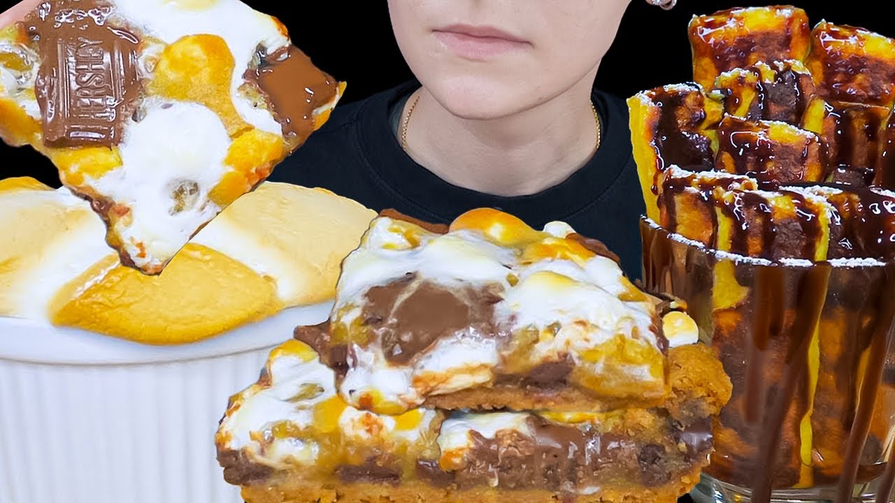 ASMR S'mores Dip, Gooey Chocolate Marshmallow Bars & Cinnamon Graham French Toast Sticks Mukbang