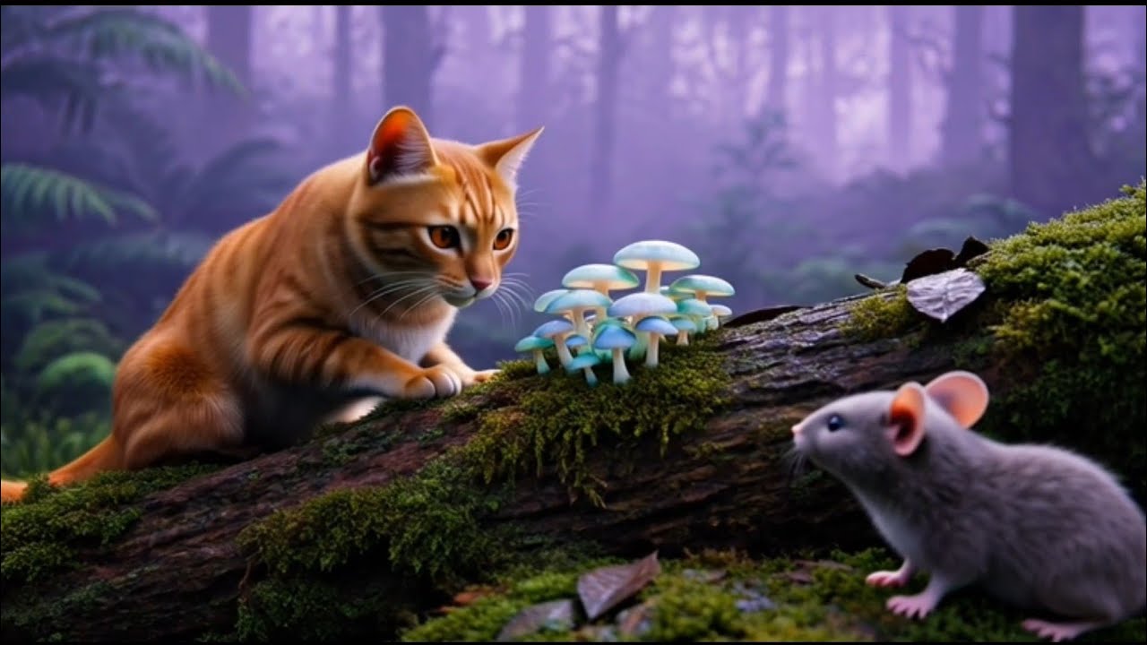 Cat and mouse are exploring different places in forest (For cats)