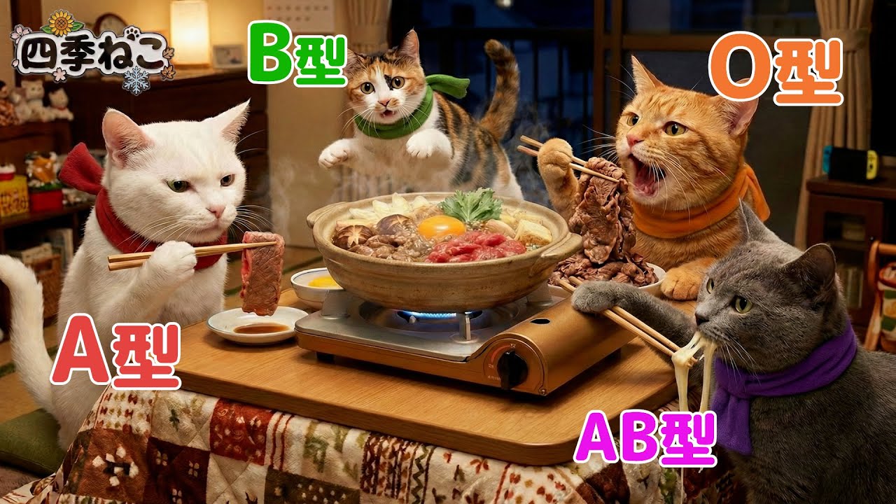 【血液型あるある】 AI猫の冬の鍋、すき焼きの食べ方🐱🍲【四季ねこ】