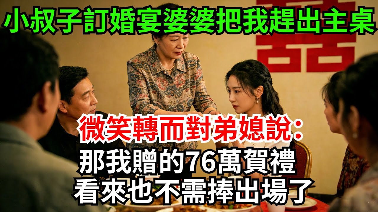 小叔子訂婚宴上，婆婆當眾撤走我的碗碟：你不配坐正桌。我微笑轉而對弟媳說：「那我贈的76萬賀禮，看來也不需捧出場了。」婆家臉色瞬間黑如鍋底!#完結故事#情感故事#爽文#婆媳關系#家庭生活#故事頻道